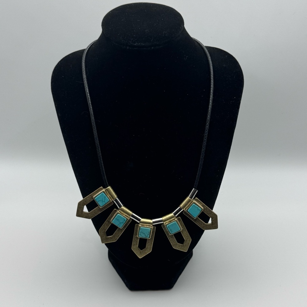 J.Crew Turquoise and Brass Geometric Statement Necklace on Leather Cord